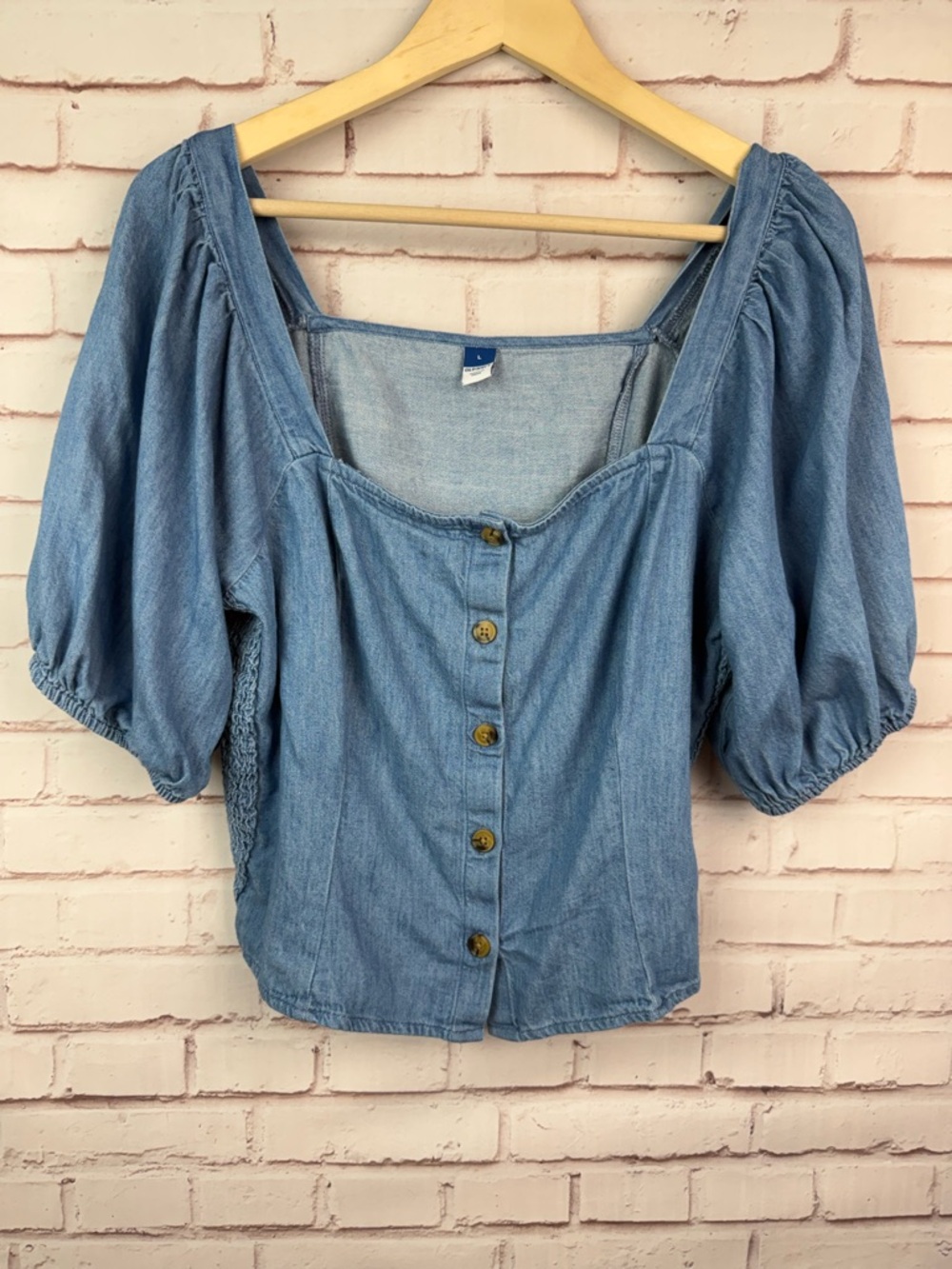 Old Navy Light Blue Denim Puff Sleeve Button Front Top